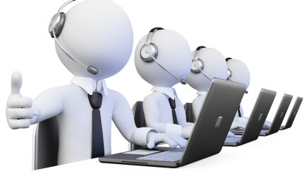 3D Operators working in a call center. Rendered at high resolution on a white background with diffuse shadows.